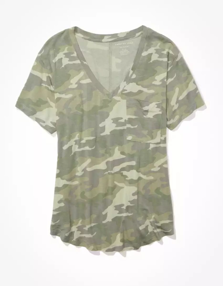 T Shirts American Eagle AE Soft & Sexy V-Neck Pocket Tee Camouflage Vert Femme | VJS-76949058